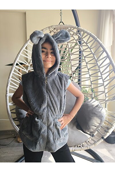 HAPPY WİPPA Girl's Hooded Furry Plush Pocketed Waist-Tie Inside-Lined 100% Cotton Vest Black