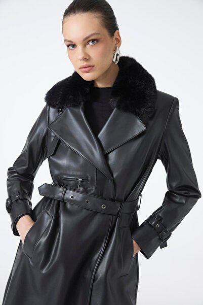 Zühre Fur Collar Belted Leather Black Trench Coat 14017