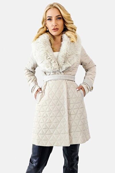 FashionForYou Palton matlasat pentru femei ILina, cu guler detașabil din blană, crem, 42