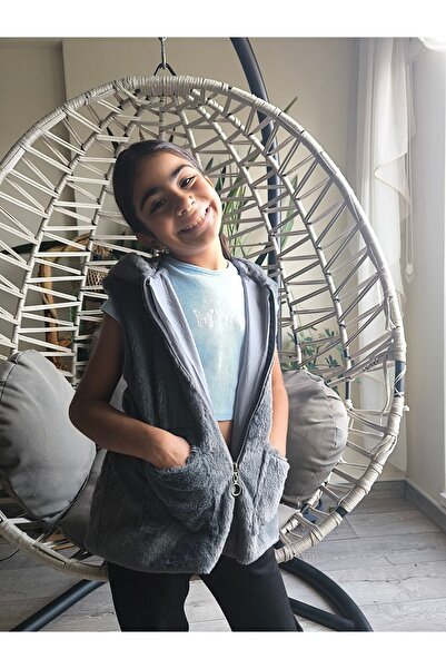 HAPPY WİPPA Girl's Hooded Furry Plush Pocketed Waist-Tie Inside-Lined 100% Cotton Vest Black