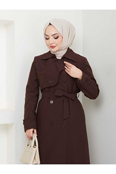 B.HE.Z Amazon Keten Degaje Yaka Tam Boy Astarlı Kemerli Trenç Kot Koyu Kahve