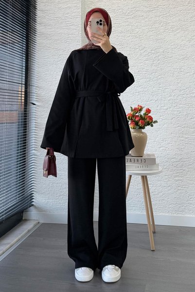 MELEK ARAZ Double Suit with Front Slit Detail - Black