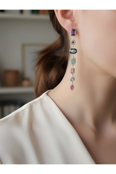 Tasarım Kadın Paslanmaz Çelik Renkli Taşlı Uzun Küpe