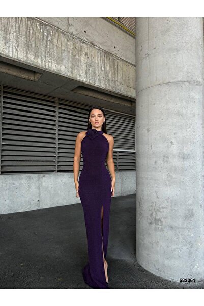 Modafeminen Esnek Flowers Kumaş Yaka Gül Detaylı Yırtmaçlı Abiye Elbise MOR 583261