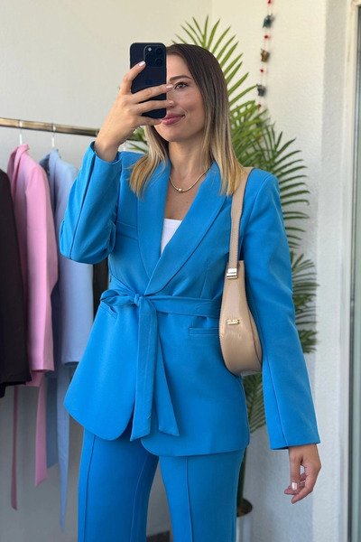 Kubos Moda Women's Belted Blazer Jacket Pants Bottom Top Two-Piece Blue Set
