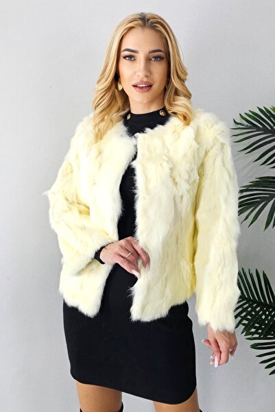 FashionForYou Blana naturala de iepure, Lea Bliss, cu maneca lunga, Galben de...