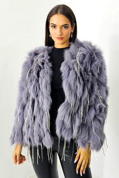 FashionForYou Haina eleganta Aylin, din blana naturala de vulpe, cu paiete asimetrice, Mov