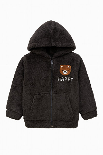 Uğur bebe Welsoft Black Plush Children's Cardigan – Warm Winter Coat with Hood and Zipper