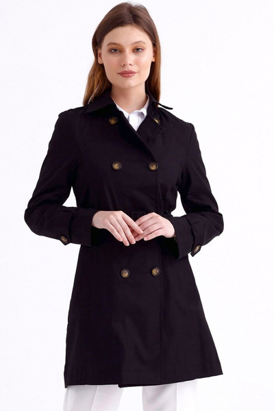 MissThetis Kruvaze Ceket Yaka Uzun Kol Düğmeli Şık ve Cool Cepli Astarsız Kemerli Rahat Kısa Gabardin Trençkot