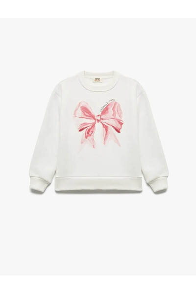 Koton Ecru Girls' Sweatshirt with Ribbon Bow Print 6Wkg10078Ak