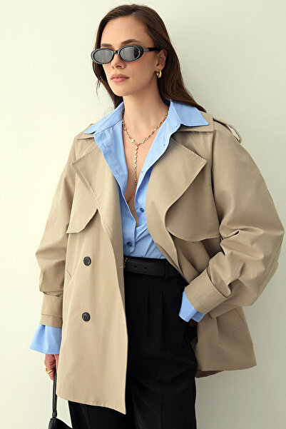 MissThetis Kruvaze Ceket Yaka Uzun Kol Düğmeli Çift Cep Kuşaklı Şık ve Cool R...