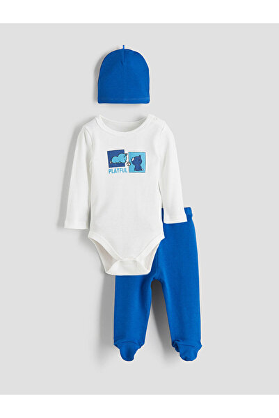 LC Waikiki Ecru Baby Boy Snap-On Bodysuit, Leggings and Beanie 3-Piece Set