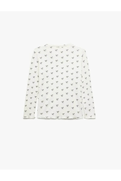 Koton Soft Textured Bow Printed Ecru Girls' Long Sleeve T-Shirt 6Wkg10186Ak
