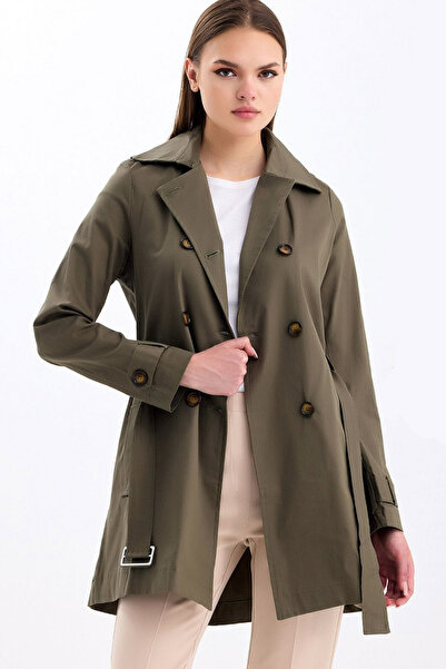 MissThetis Kruvaze Ceket Yaka Uzun Kol Düğmeli Şık ve Cool Cepli Astarsız Kemerli Rahat Kısa Gabardin Trençkot