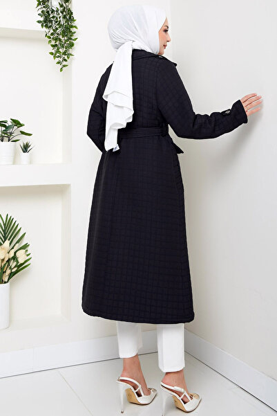 MissThetis Kruvaze Ceket Yaka Apoletli Uzun Kol Çift Cepli Kuşaklı Şık ve Cool Midi Boy Kapitone Trençkot