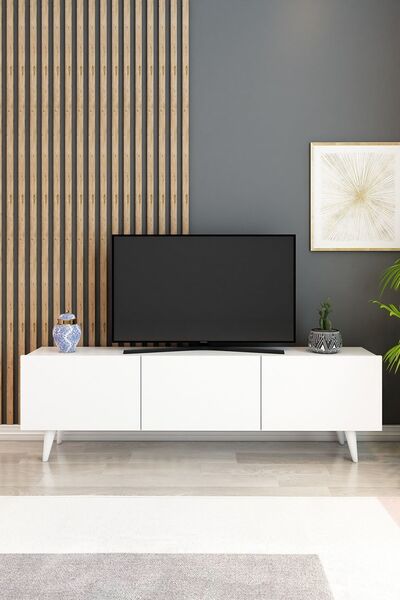 izcodesign Model Ice 150 cm TV Ünitesi – 3 Kapaklı Beyaz Modern TV Sehpası | Televizyon Konsolu