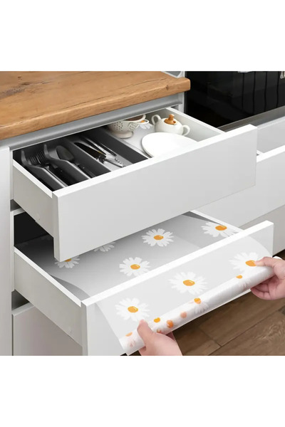 teknotrust Mutfak Eva Shelf Liner Şeffaf Astar Kaymaz Dolap İçi Çekmece Örtüsü Papatya Desen Mat 45cmx10 Metre
