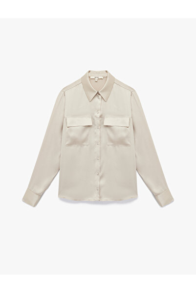 Koton Cămașă clasică pentru femei din satin bej-gri cu guler 6WAK60089UW