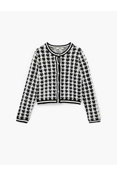 Koton Houndstooth Patterned Buttoned Plush Black Women's Cardigan 6Wak90039Ht