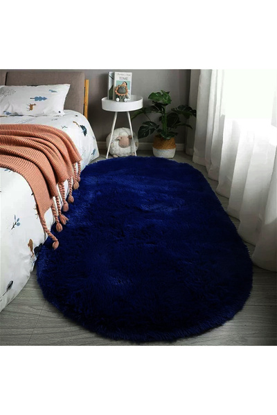Vila Nova Home Lacivert Oval Post Halı Peluş Yumuşak Kaymaz Dot Taban
