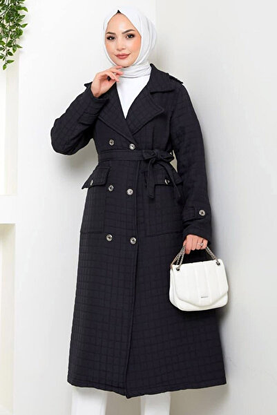 MissThetis Kruvaze Ceket Yaka Apoletli Uzun Kol Çift Cepli Kuşaklı Şık ve Cool Midi Boy Kapitone Trençkot