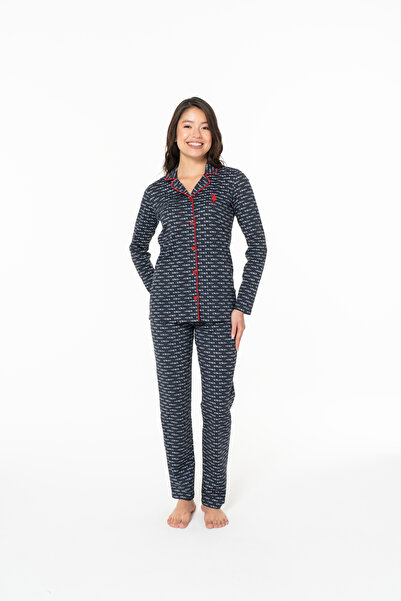 U.S. Polo Assn. New Season Women's Striped Pajama Set with Button Front (Buttoned Front)