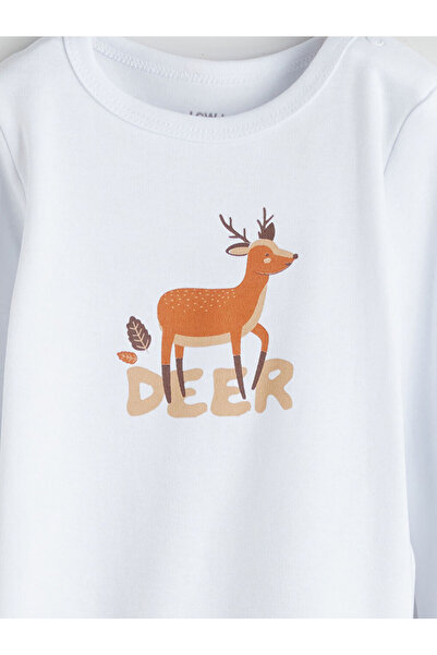 LC Waikiki Deer Printed Baby Boy Snap-On Bodysuit Pants and Beanie