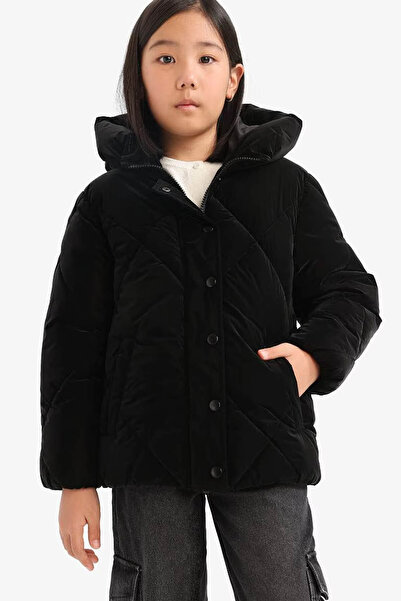 DeFacto Hooded Zippered Snap Fastener Quilted Black Girl's Coat A0839A8/Bk27