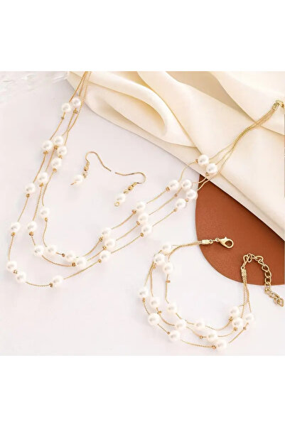 İnci Mercan Bujiteri Çok Katmanlı İnci Set - Kolye - Küpe - Bilezik Set