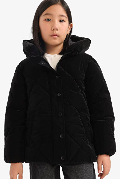 DeFacto Hooded Zippered Snap Fastener Quilted Black Girl's Coat A0839A8/Bk27
