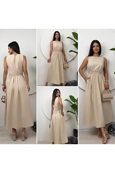 SANDIK Taş Rengi Midi Elbise