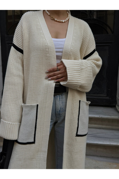 Bak'ap Striped Detailed Pocketed Maxi Long Cardigan