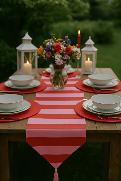 shopshop 7 Piece Pink Red Tableware Presentation Set 6 Pieces American Service Placemats 1 Piece Tasseled Runner Cover