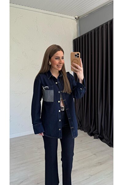 elif teke Bird Pocket Embroidered Denim Jacket Navy Blue