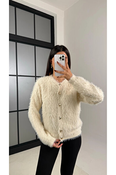 Lusin Women's Ecru Heart Button Detailed Soft Textured Premium Quality Knitwear Cardigan