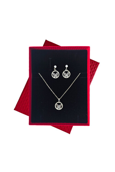 velve Set accesorii Feeling, din inox, cu cercei forma fluture, lantisor si pandativ cu cristale,Argintiu