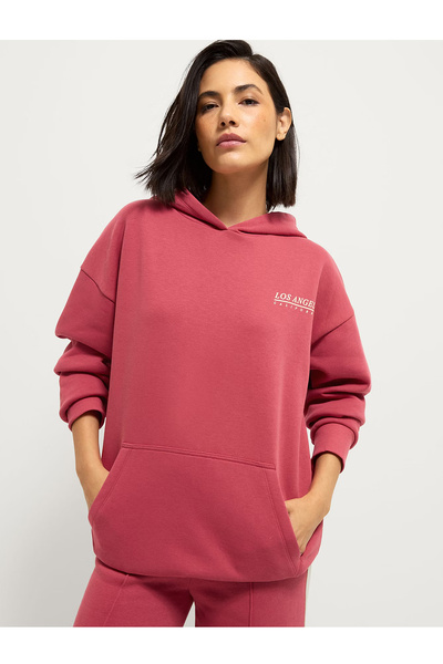 DobaKids Coral Color California Printed Oversize Hooded Women's Tracksuit Set Wide Fit Women's Tracksuit