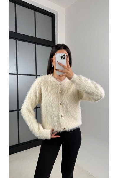 Lusin Women's Ecru Heart Button Detailed Soft Textured Premium Quality Knitwear Cardigan
