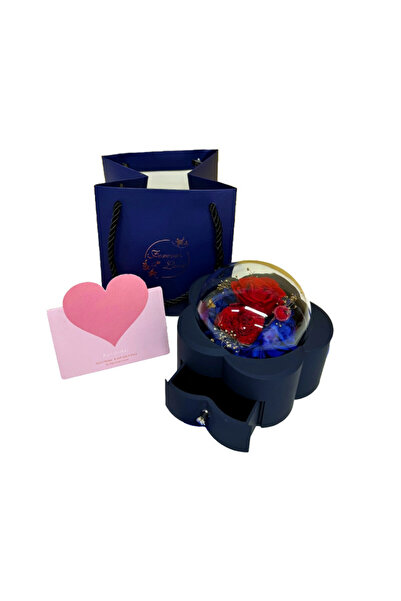 velve One Rose jewelry box with drawer, greeting card and cryogenic roses, Red/Blue