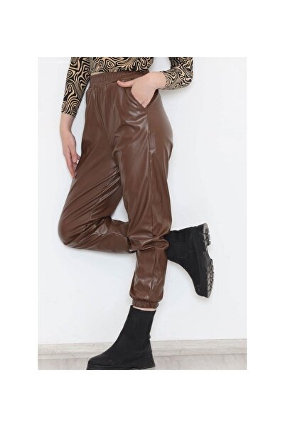 civetta Elastic Leg Leather Trousers Brown