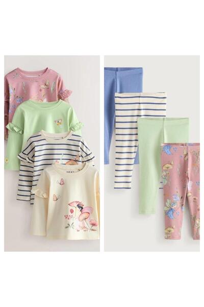 Next Baby Cotton Cream Floral Pattern Long Sleeve 4-Piece Bottom Top Set