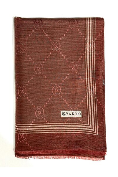 Vakko Monogram Cotton Silk Border Shawl 41540-Brown