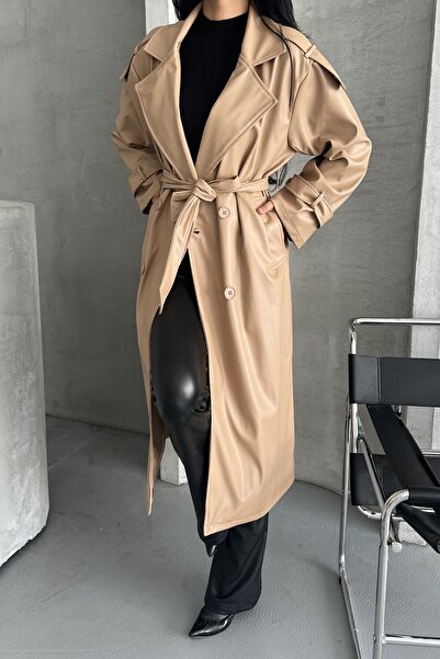 MEECY Women's Belted Long Leather Coat