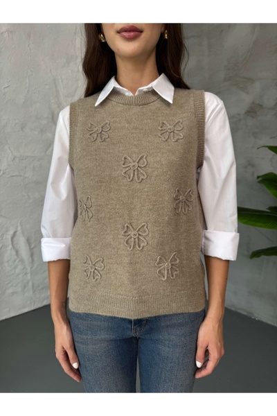 Elif Özbey Butik Mink Sweater with Sprinkled Bow Detail