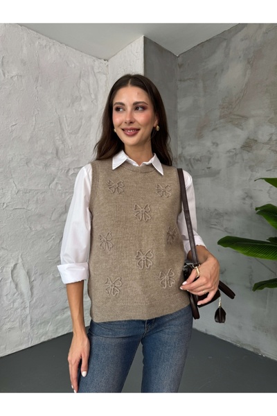 Elif Özbey Butik Mink Sweater with Sprinkled Bow Detail