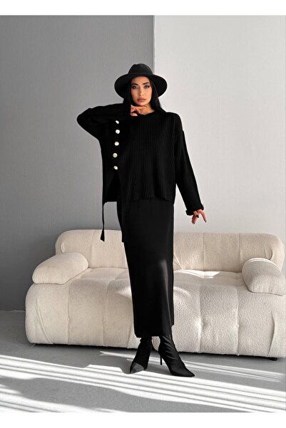 By Kuzey Aras Set dublu pentru femei, tricotaj, fustă lungă și pulover tricot...