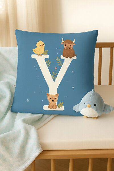 ALAMODECOR Husă pentru pernă pentru cameră pentru băieți, cu două fețe, digitală, cu imprimeu culoare albastră, litera Y