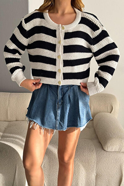 Noa Noa Women's Gold Buttoned Striped Knit Cardigan – Soft Texture & Oversized Fit