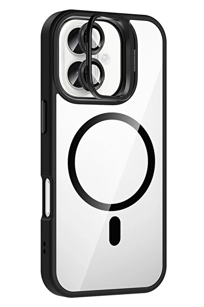 Fuchsia غطاء آيفون 17 من آبل مع عدسة ريميم وحامل ماجسيف - أسود