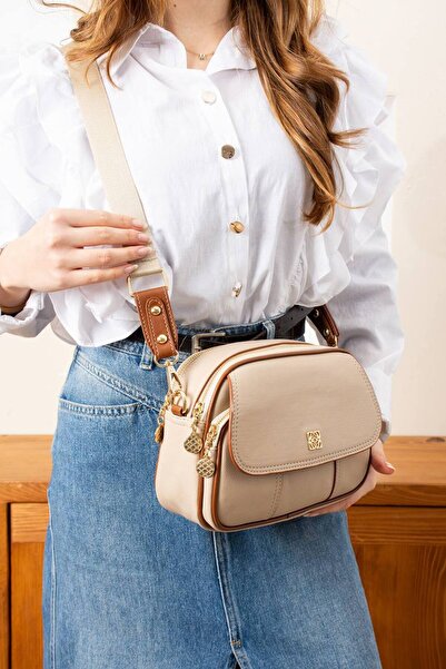 Çanta Trend Multi-Compartment Women's Crossbody Bag with Beige and Tan Flap D...